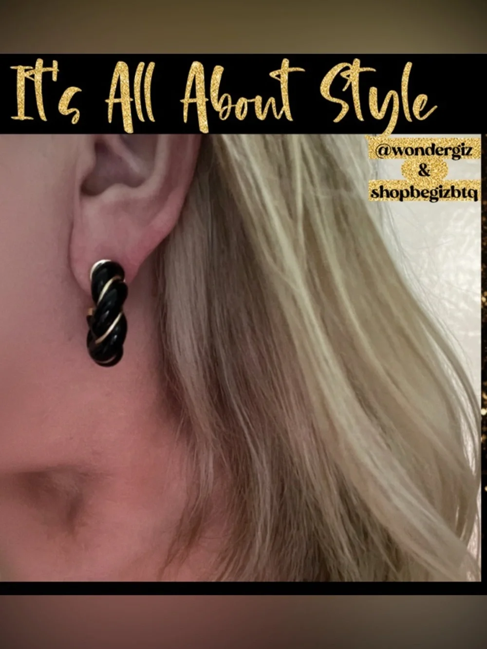 NWT Authentic Tory Burch Black and Gold Textured Rope Hoop Earrings
